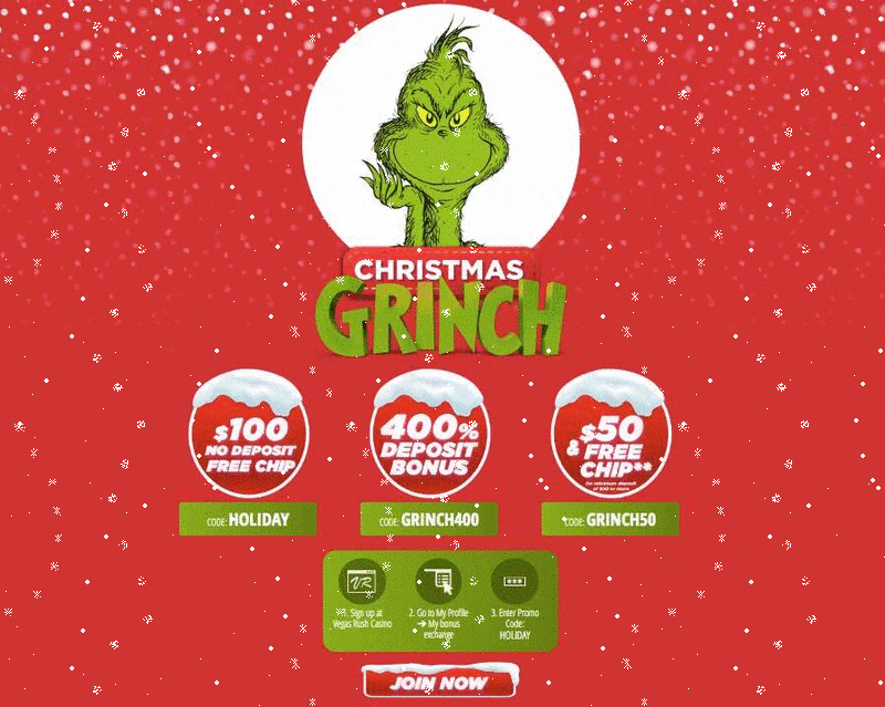 Christmas Grinch Promo – $100 Free Chip at Vegas Rush